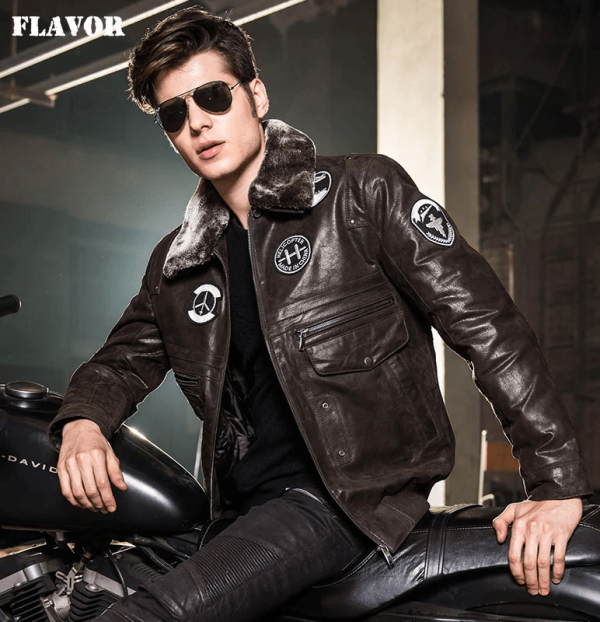 Men Air Force Flight Leather Jacket With Fur Collar
