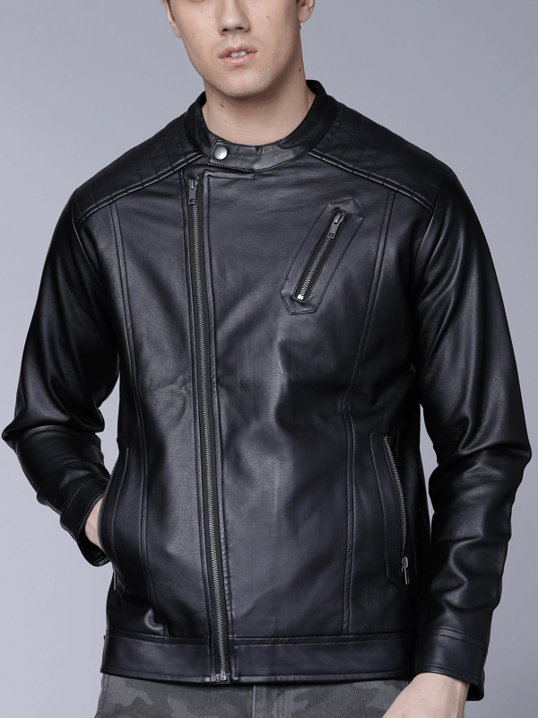 Men Black Faux Biker Style Jacket