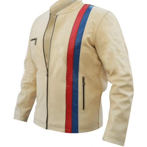 Men Off White Cream Blue Red Stripes Motorcycle Leather Jacket