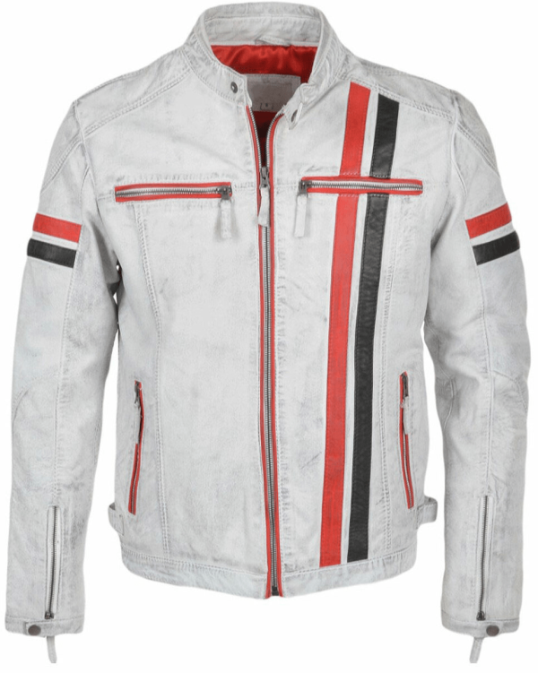 Mens Biker Motorbike White Leather Jacket