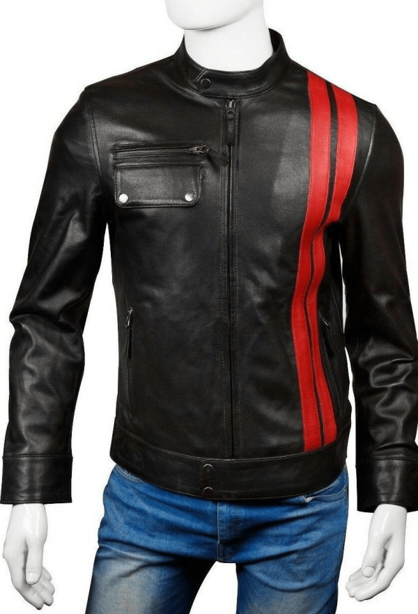 Mens Black Classic Biker Leather Jacket With Red Stripes