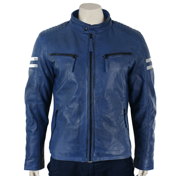 Mens Cafe Racer Dark Blue Leather Jacket