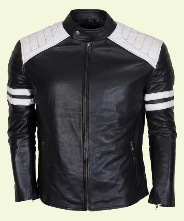 Mens Cafe Racer White Striped Black Leather Jacket