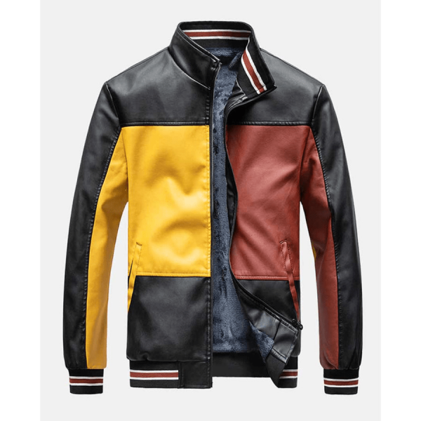 Mens Color Block Leather Jacket