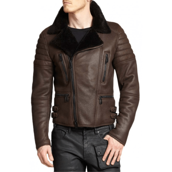 Mens Moto Classic Brown Shearling Leather Jacket