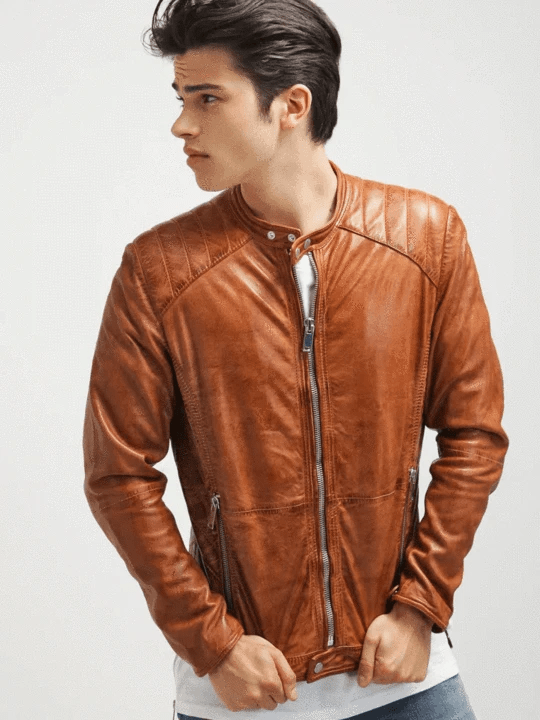 Men's Quilted Shoulder Tanned Leather Jacket