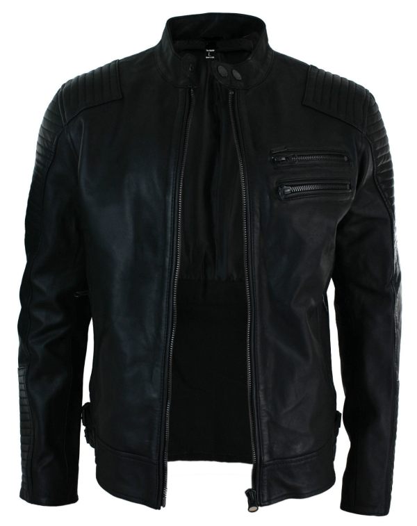 Mens Slim Fit Washed Black Leather Jacket