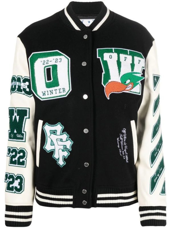 Off White Embroidered Patches Varsity Jacket