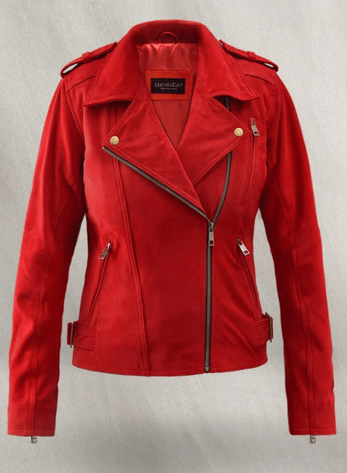 Soft Lava Red Suede Leather Biker Jacket