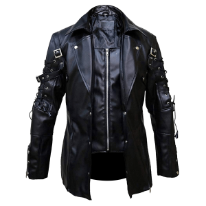 Steampunk Gothic Black Leather Trench Coat