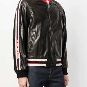 Stripe Trim Black Leather Bomber Jacket