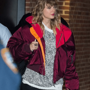 Taylor Swift Burgundy Oversized Satin Bomber Jacket