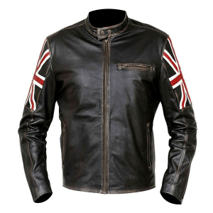 Uk Flag Mens Biker Vintage Style Cafe Racer Leather Jacket