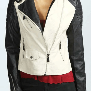 Women's Black And White Biker Leather Jacket