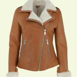 Womens Camel Brown Leather Shearling Jacket