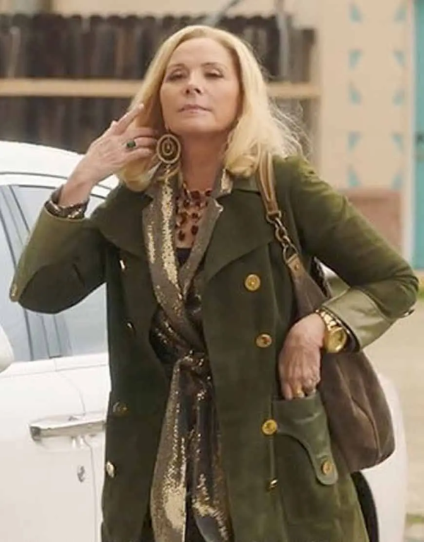 Filthy Rich Kim Cattrall Green Suede Leather Coat
