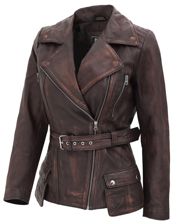 Womens Four Pocket Asymmetrical Distressed Brown Leather Biker Jacket