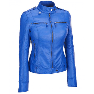 Womens Motorcycle Elegant Blue Leather Jacket