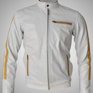 Yellow Stripe White Leather Jacket