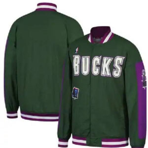 Milwaukee Bucks NBA Team Mitchell & Ness Hunter Green Hardwood Varsity Jacket