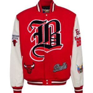 NBA Team Chicago Bulls Red Wool and White Leather Varsity Jacket