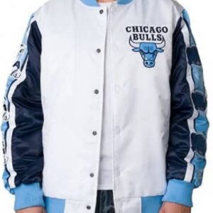 Chicago Bulls Tobacco Road Blue and White Satin Varsity Jacket