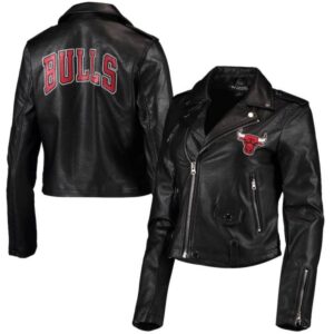 The Wild Collective NBA Team Chicago Bulls Moto Black leather Jacket