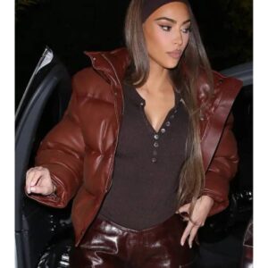 Kim Kardashian Brown Puffer Leather Jacket