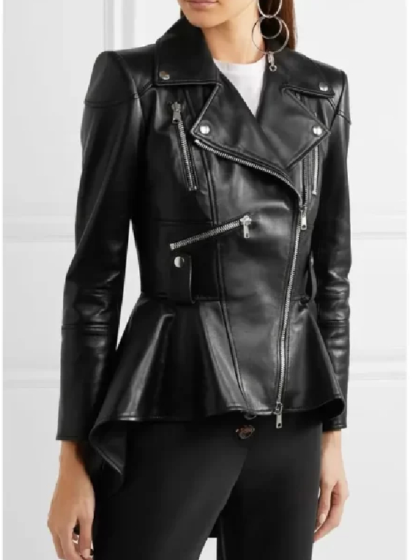 Jamie Xie Bling Empire Peplum Genuine Leather Jacket