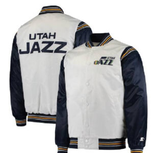 Utah Jazz Starter NBA Team White/Navy Renegade Satin Varsity Jacket