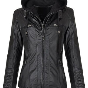 Womens Slim Fit Detachable Zipper Hoodie Leather Jacket