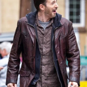 Red One 2023 Chris Evans Brown Leather Coat