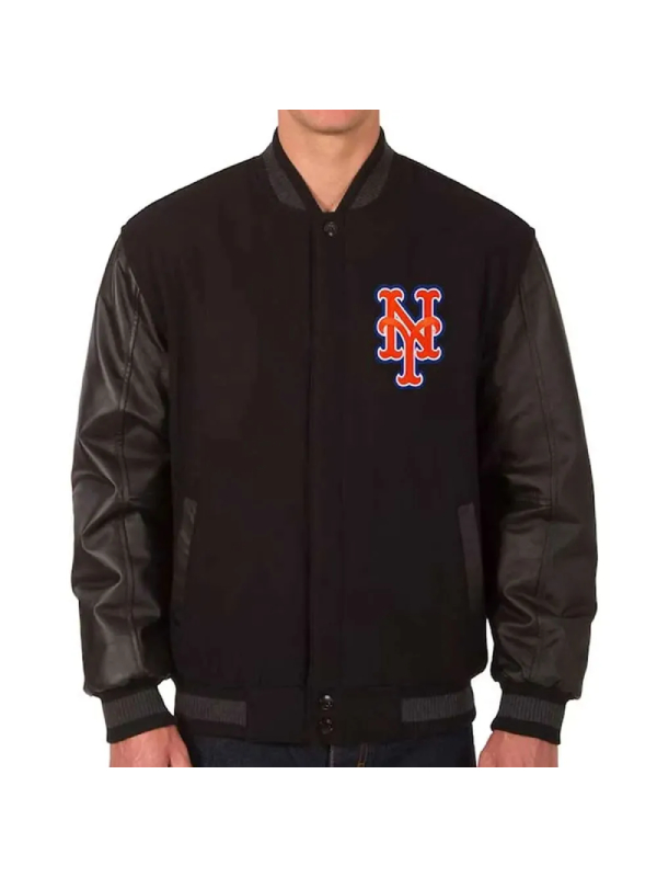 New York Mets Charcoal/Black Wool And Leather Jacket | Fortune Jackets