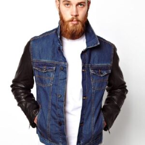 Denim Blue And Black Leather Sleeves Jacket