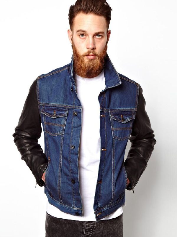 Denim Blue And Black Jean Jacket With Leather Sleeves